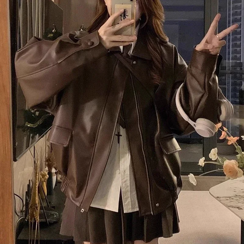 Vintage falso couro jaqueta do plutônio moda feminina punk casual zíper manga longa feminino casaco de motociclista primavera fina streetwear outerwear