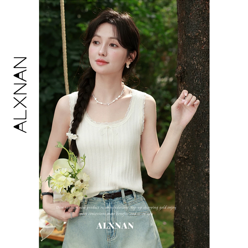 ALXNAN Spitzenbesatz Elegantes Strick-Tanktop mit Schleife Slim-Fit Lässige Basic-Tops 2026 Sommer Mode Damen Ärmellose Oberteile L65218