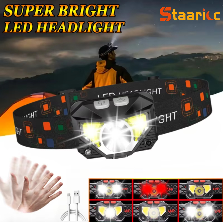 STAARICC ไฟหน้าแบบเซ็นเซอร์ LED อันทรงพลัง ไฟหน้าแบบชาร์จไฟได้ USB ไฟฉายคาดศีรษะ LED ไฟฉายสำหรับตั้งแคมป์ ไฟฉายค้นหา ไฟฉาย โคมไฟตกปลา