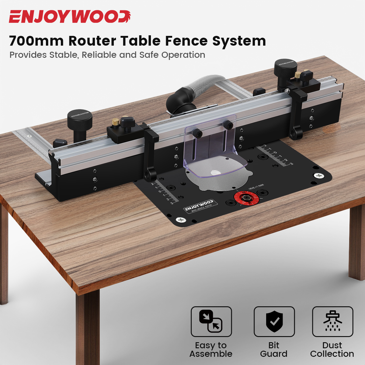 ENJOYWOOD Router Meja kayu 700mm, pagar profil logam campuran Aluminium dengan lintasan geser 300mm, pelindung mata braket geser