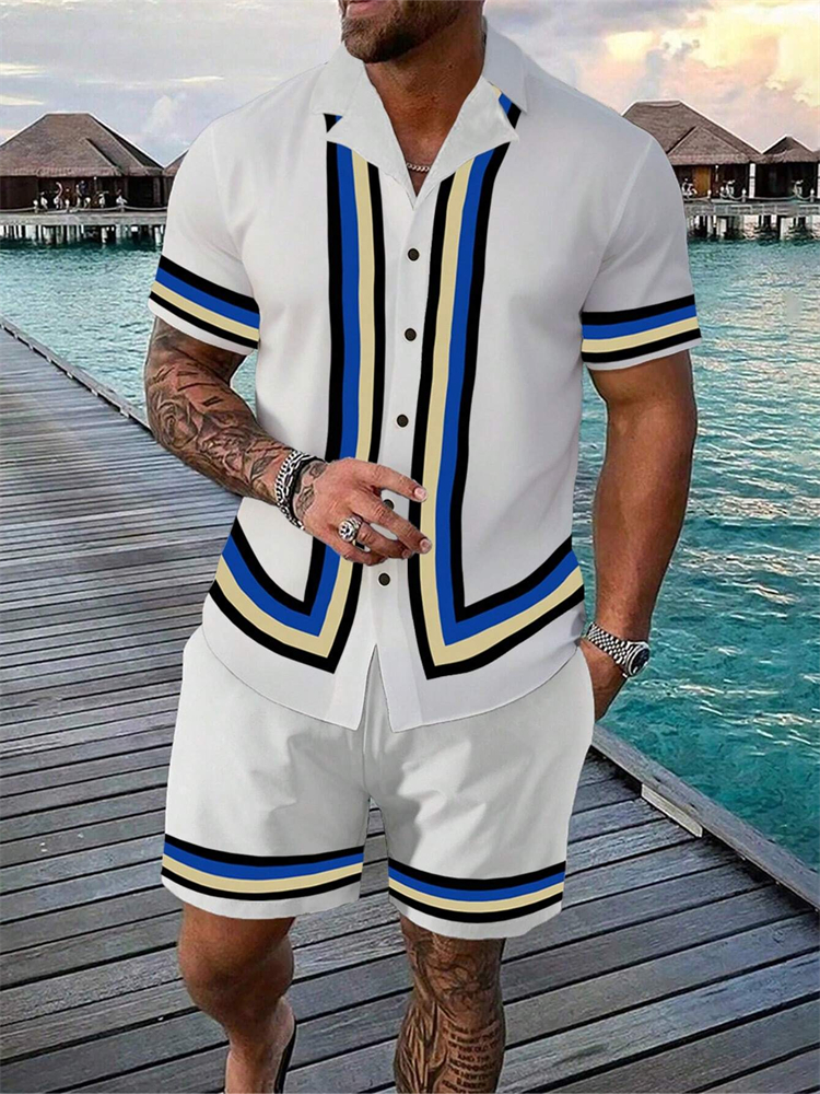 2024 nueva ropa de playa para hombres, de 2 piezas de secado rápido camisa hawaiana, conjunto de pantalones cortos y pantalones cortos de verano a la moda para hombres, ropa Casual con estampado a rayas