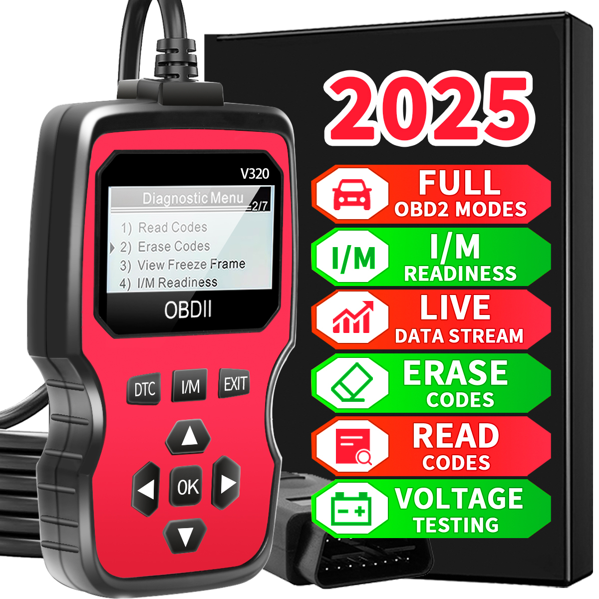 Obd2 診断スキャナー - 1996年以降のすべての車に対応するエンジン故障コードリーダー、リアルタイムデータストリーム、バッテリーテスト、コード消去機能付き