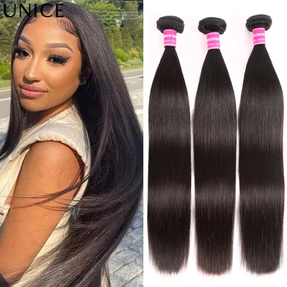 Pacotes de Cabelo Liso UNice 100% Humano, 3 Pacotes de 8-30 Polegadas, Cor Natural, Extensões de Cabelo Humano Virgem