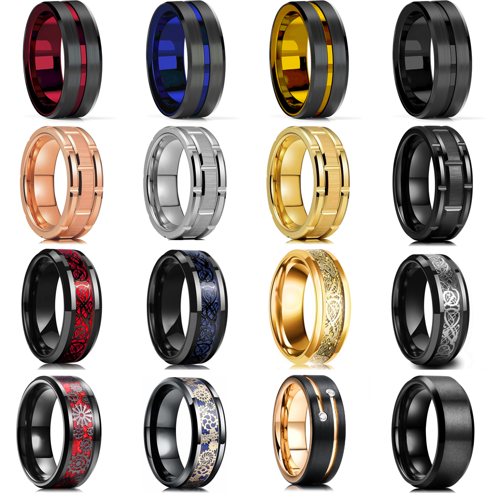 แฟชั่นผู้ชาย 8mm Gold สี Groove Beveled Edge ทังสเตนงานแต่งงานแหวนคาร์บอนไฟเบอร์ Punk เกียร์ล้อแหวนสแตนเลสสําหรับชาย