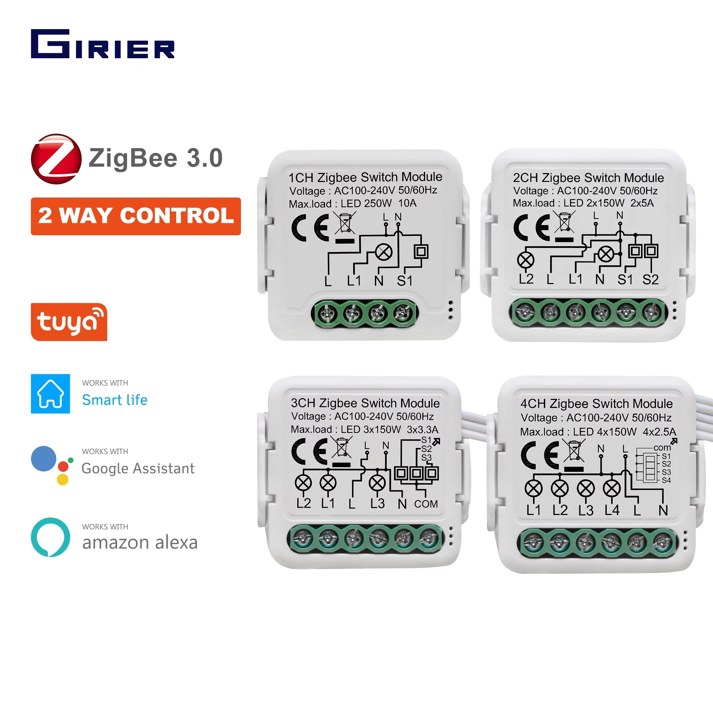 Модуль выключателя GIRIER Tuya ZigBee 3.0, 10А, для умного дома, DIY, 1/2/3/4 канала, поддержка двухстороннего управления, работает с Alexa и Google Home