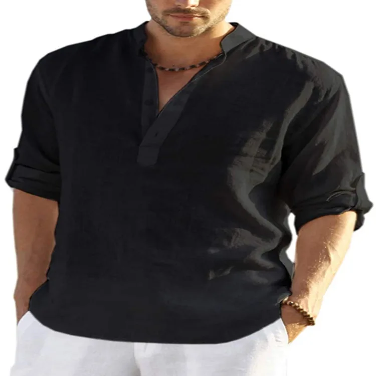 Men's Loose Fit Solid Long Sleeve Cotton and Linen Undershirt - Large Size