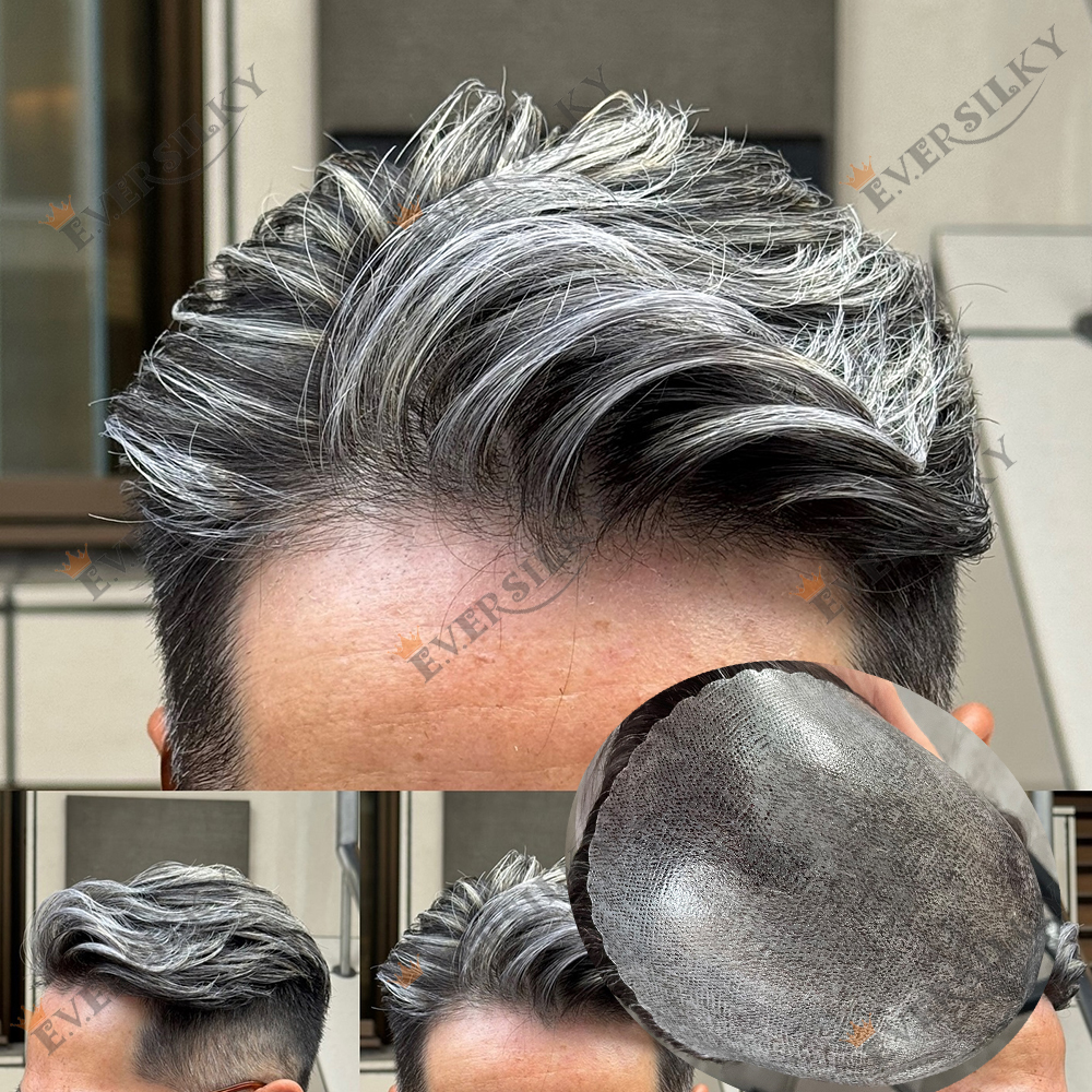 Parrucche Maschili Nere in Capelli Umani, Protesi Capillare per Uomo, Sistema Super Resistente con Attaccatura Naturale, Toupet da Uomo # 1b80 # 1B40 # 1B50 Grigio