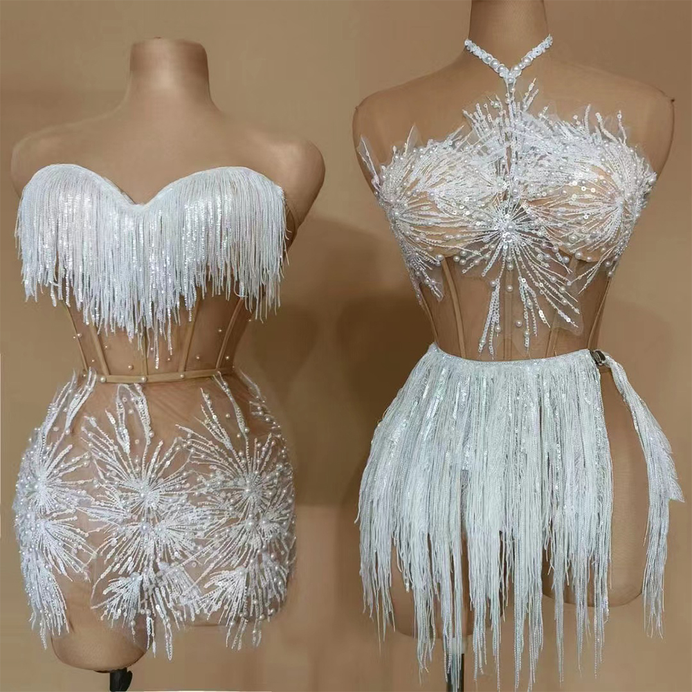 Vestido de lentejuelas brillantes con borlas doradas, Sexy, Espalda descubierta, Halter, vaina, fiesta de noche, disfraz de actuación, club nocturno, cantante, bailarina, escenario
