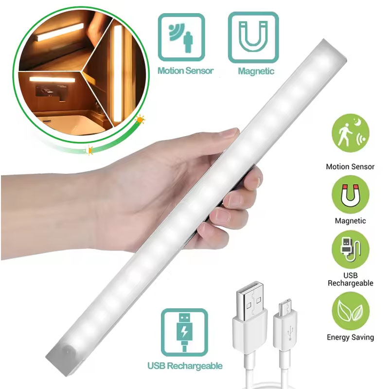 Barra de luz LED con Sensor de movimiento, luz nocturna de inducción recargable, lámpara magnética inalámbrica portátil para armario, cocina, habitación y mesita de noche