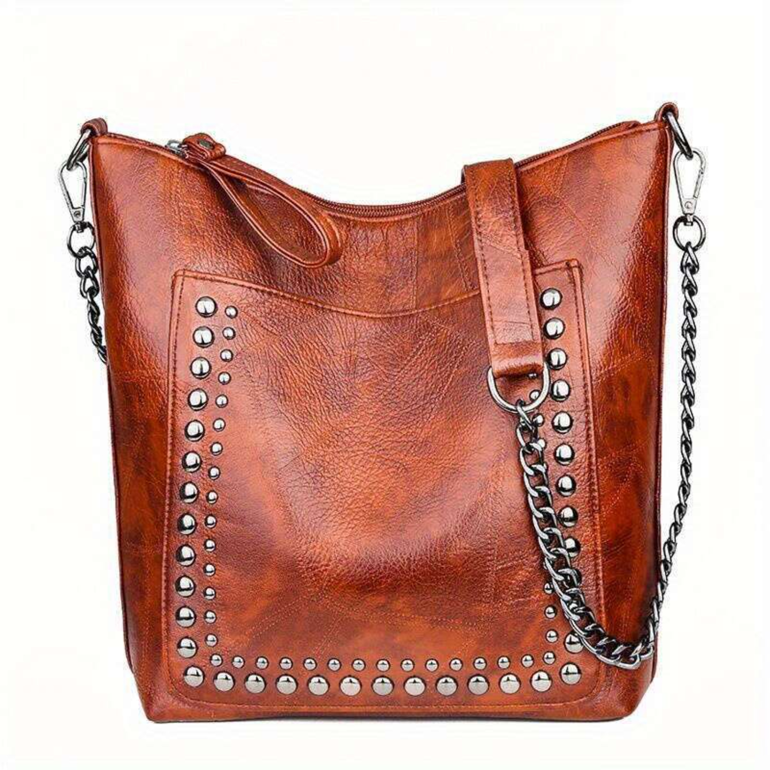 Bolsa de ombro de corrente clássica com decoração de rebites, bolsa texturizada vintage perfeita para mulheres
