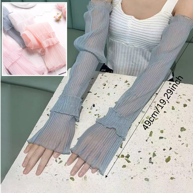 Gants Longs sans Doigts pour Femme, Manches de Protection Solaire, Mitaines Respirantes en Maille de Dentelle Fine, Protection Solaire UV, Été