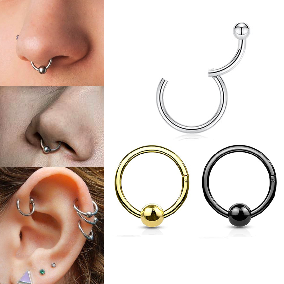 1-3 szt. 16G Kolczyk do nosa na zawiasie, kółko, clicker, septum, nos/usty, chrząstka, tragus, daith, helix, lób, rook, kolczyk do ucha, piercing, kolczyk do chrząstki ucha