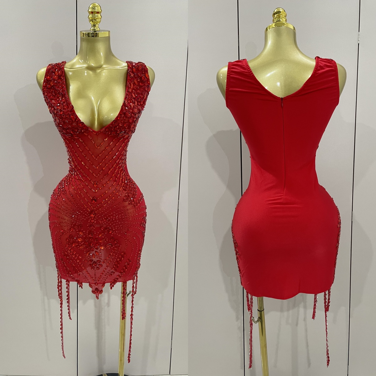 Luxuriöses Geburtstags-Outfit, glitzerndes Strass-Mesh-Kleid mit durchsichtigem V-Ausschnitt für Damen, sexy Performance-Abendparty, Club, Bühnenkostüm