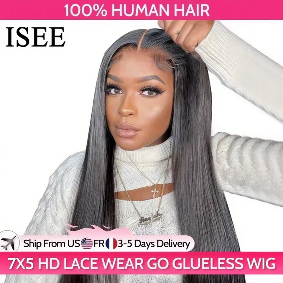 Parrucche Glueless per capelli ISEE Capelli umani pronti da indossare Parrucche diritte senza colla prepizzicate Wear And Go Parrucche anteriori in pizzo 7x5HD Precut Lace