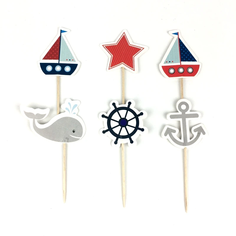 Mediterranean Sailor Ship Anchor Cake Topper, Flags for Kids, Birthday Party Decorations, 24PCs