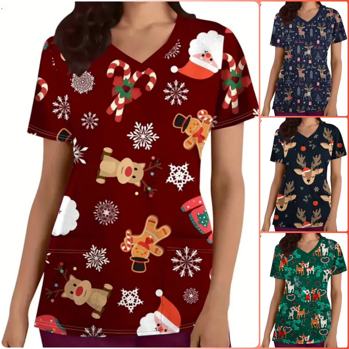 女性用クリスマスナースユニフォーム半袖Tシャツ - お祭り気分のサンタ雪の結晶ジンジャーブレッドプリントVネックトップポケットナースギフト