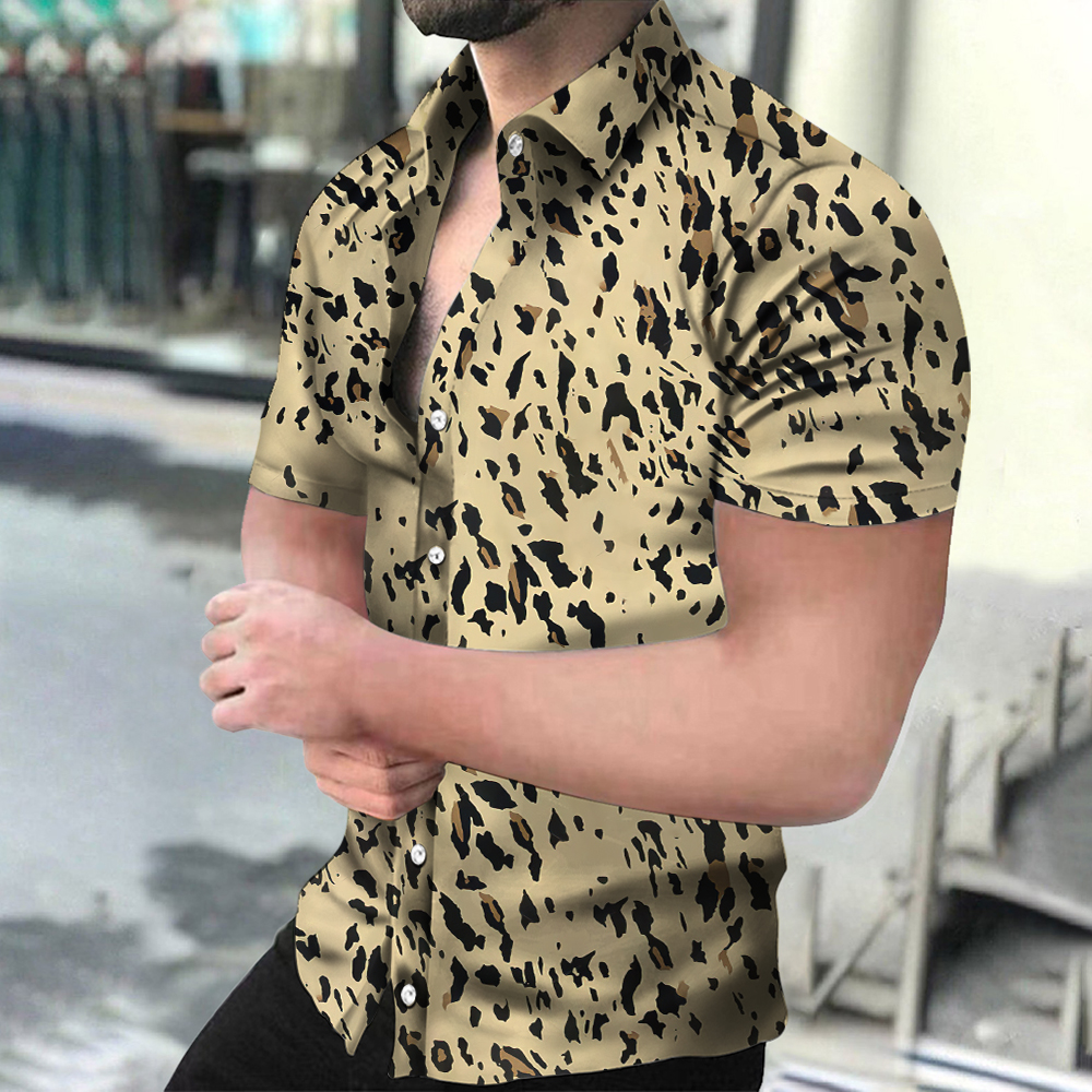 Baju Pria Musim Panas 2023, atasan harajuku motif macan tutul Hawaii, lengan pendek, pakaian jalanan seksi