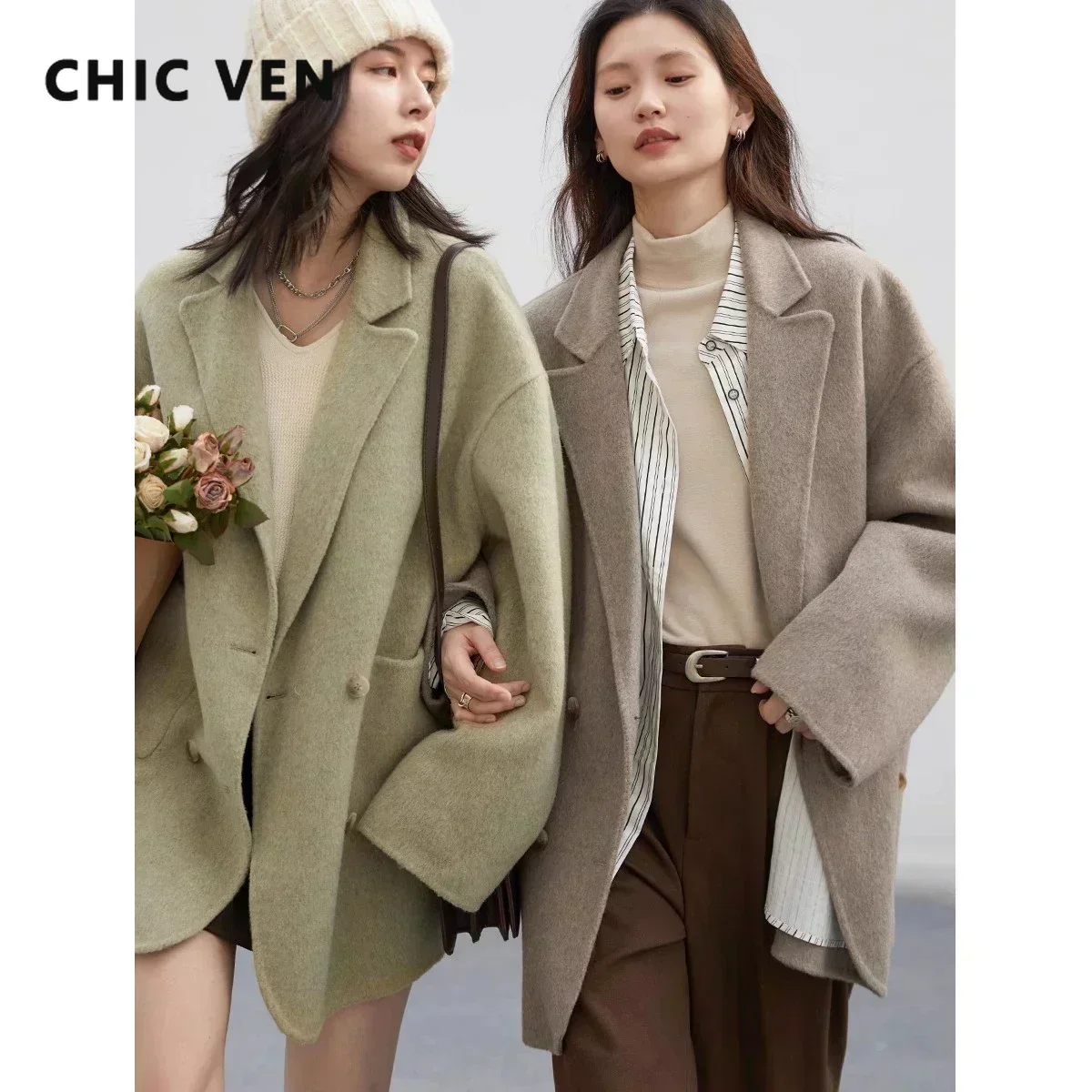 Женские шерстяные пальто CHIC VEN, свободные повседневные двубортные двубортные куртки в стиле ретро, офисная женская верхняя одежда, осень-зима 2026