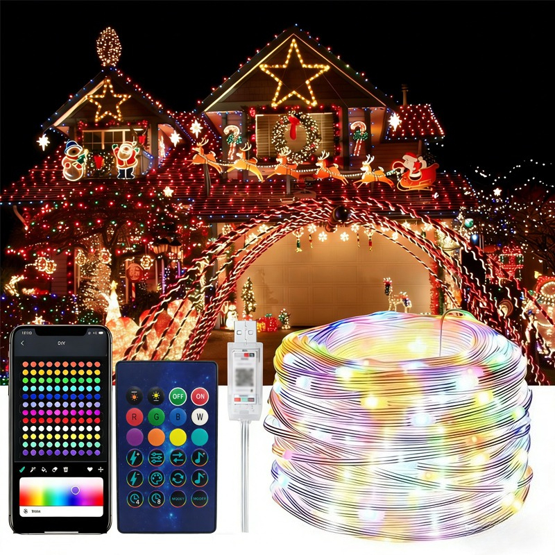 Guirlandes lumineuses intelligentes à changement de couleur, étanches, pour l'intérieur et l'extérieur, synchronisation musicale, minuterie, lumières scintillantes pour la décoration de jardin et de fête