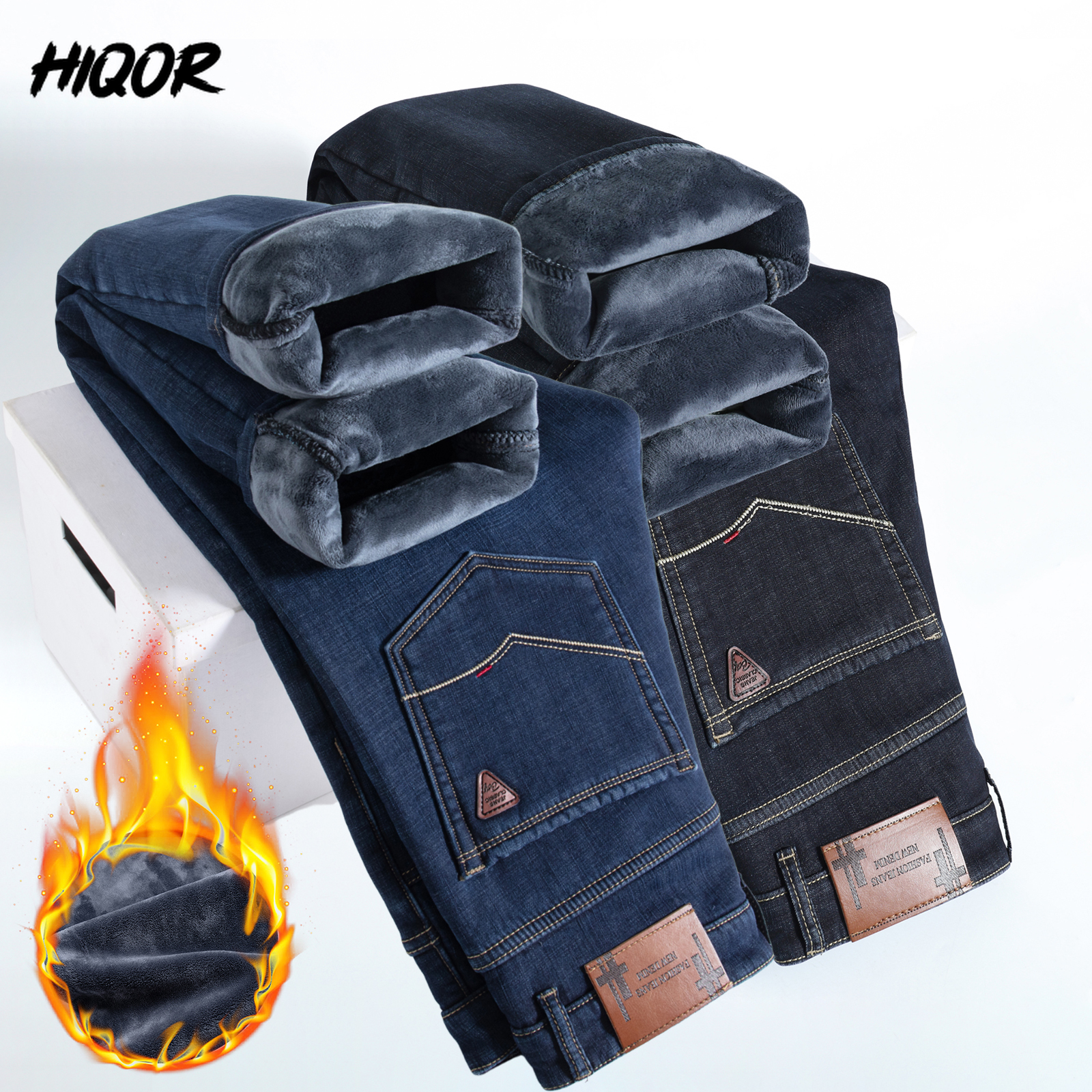 HIQOR, pantalones vaqueros gruesos de lana de invierno para hombre, Pantalones rectos informales de negocios, pantalones vaqueros clásicos azules y negros para hombre, pantalones vaqueros de trabajo para hombre
