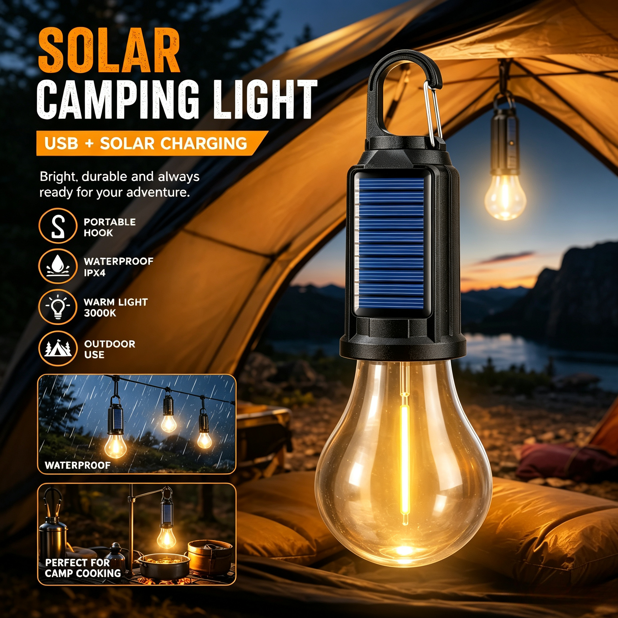 Solar-Campinglampe USB-Aufladbare Hängelampe für Zelte Wasserdichte Tragbare Outdoor-Laterne für Camping BBQ Gartendekoration