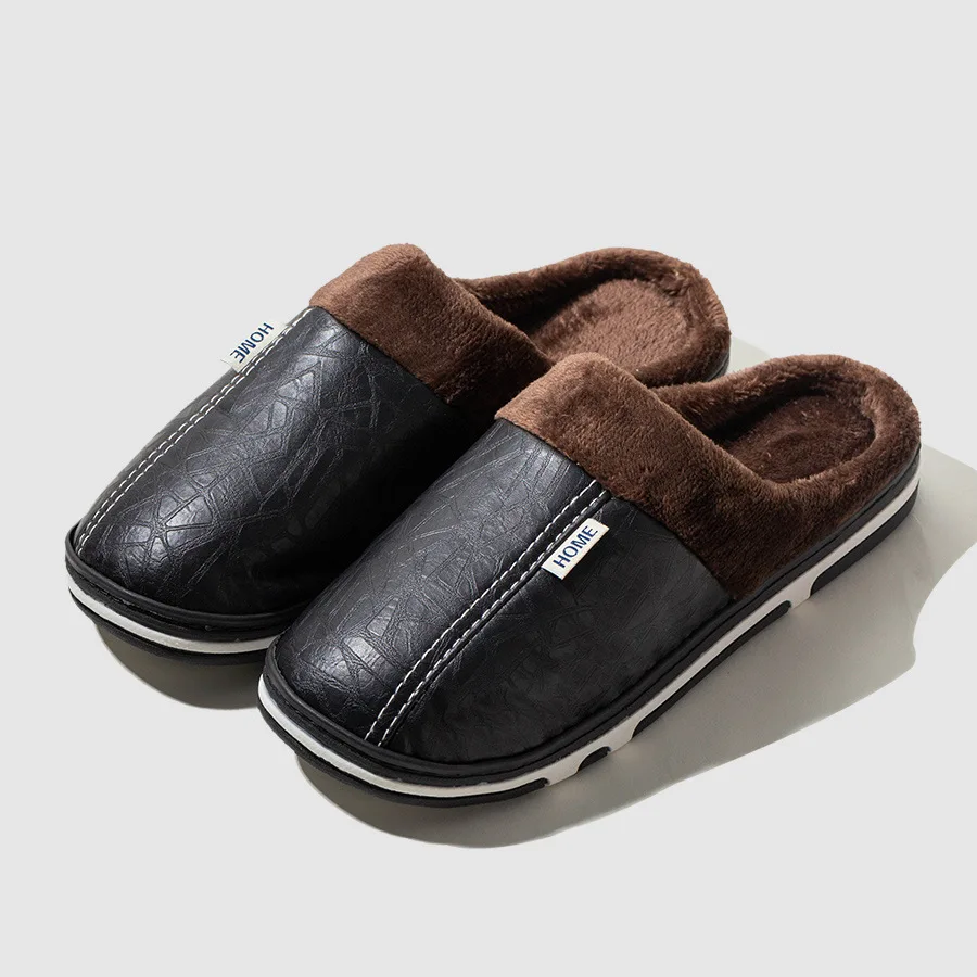 PU leather plus size women's slippers indoor waterproof fur flat shoes men's winter home slippers cotton bedroom shoes