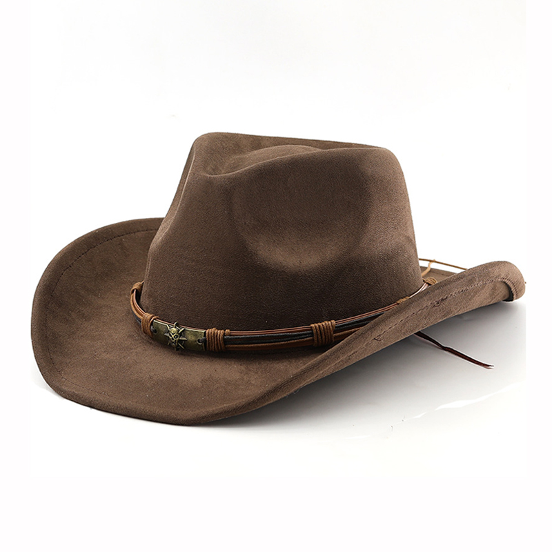 Sombrero de vaquero occidental de gamuza para hombres y mujeres, sombreros de Jazz de fieltro con ala enrollada Vintage, sombreros de caballero para viajes al aire libre