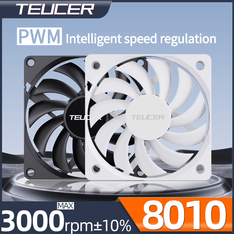 Wentylator obudowy Teucer 8cm PWM z inteligentną regulacją prędkości, ultracienki wentylator chłodzący PC 8010 z 4-pinowym kablem przedłużającym PWM