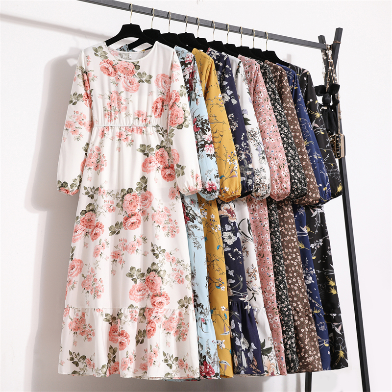 Primavera verão feminino maxi vestidos casuais manga cheia floral impresso o pescoço mulher bohe praia festa vestido longo mujer vestidos