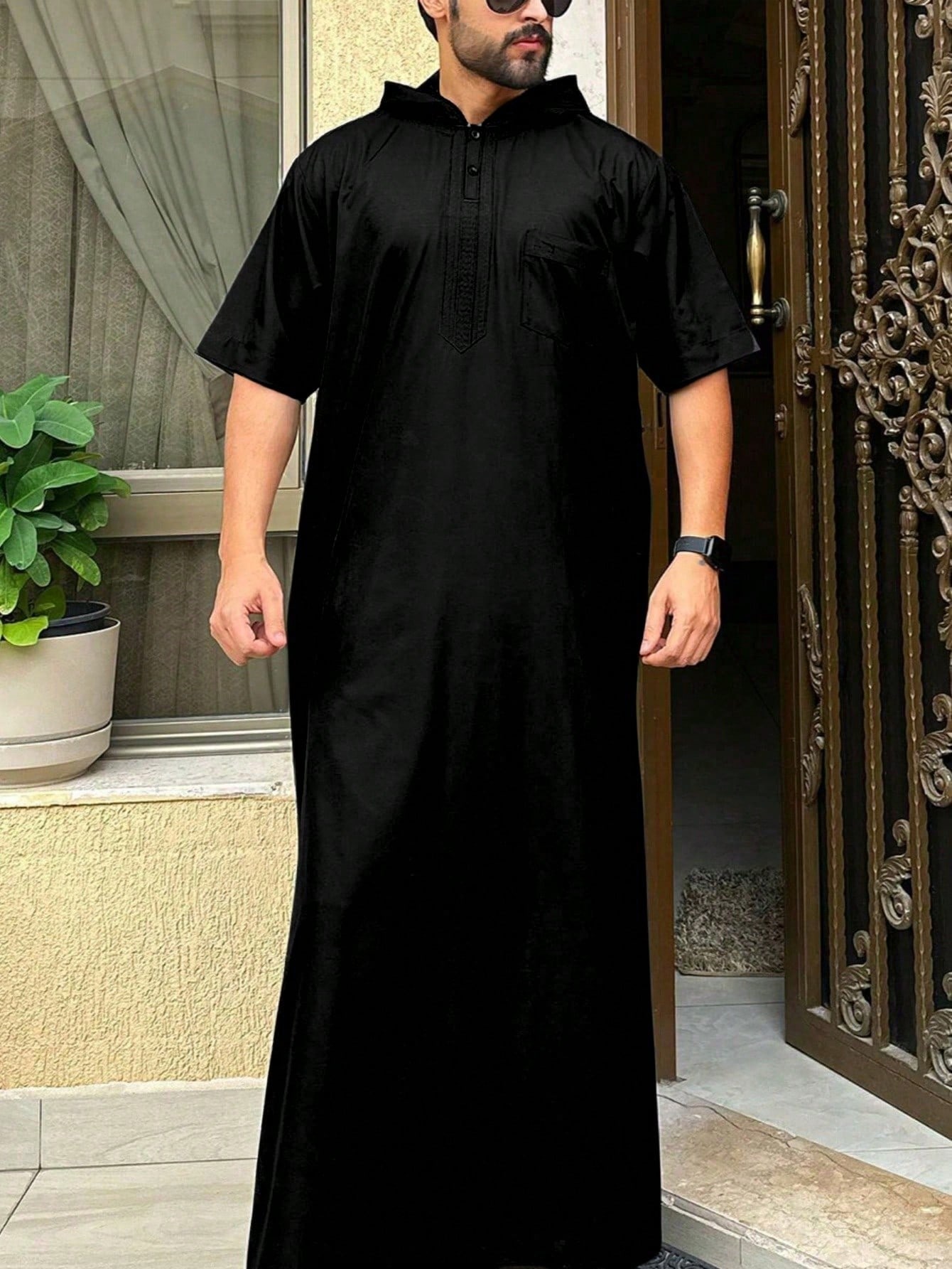 Thobes ชายมุสลิม, แขนสั้นมีฮู้ดสไตล์ชาติพันธุ์ปักเสื้อคลุมอาหรับ, เสื้อผ้าแบบดั้งเดิมแบบสบายๆสําหรับวันหยุดของผู้ชาย