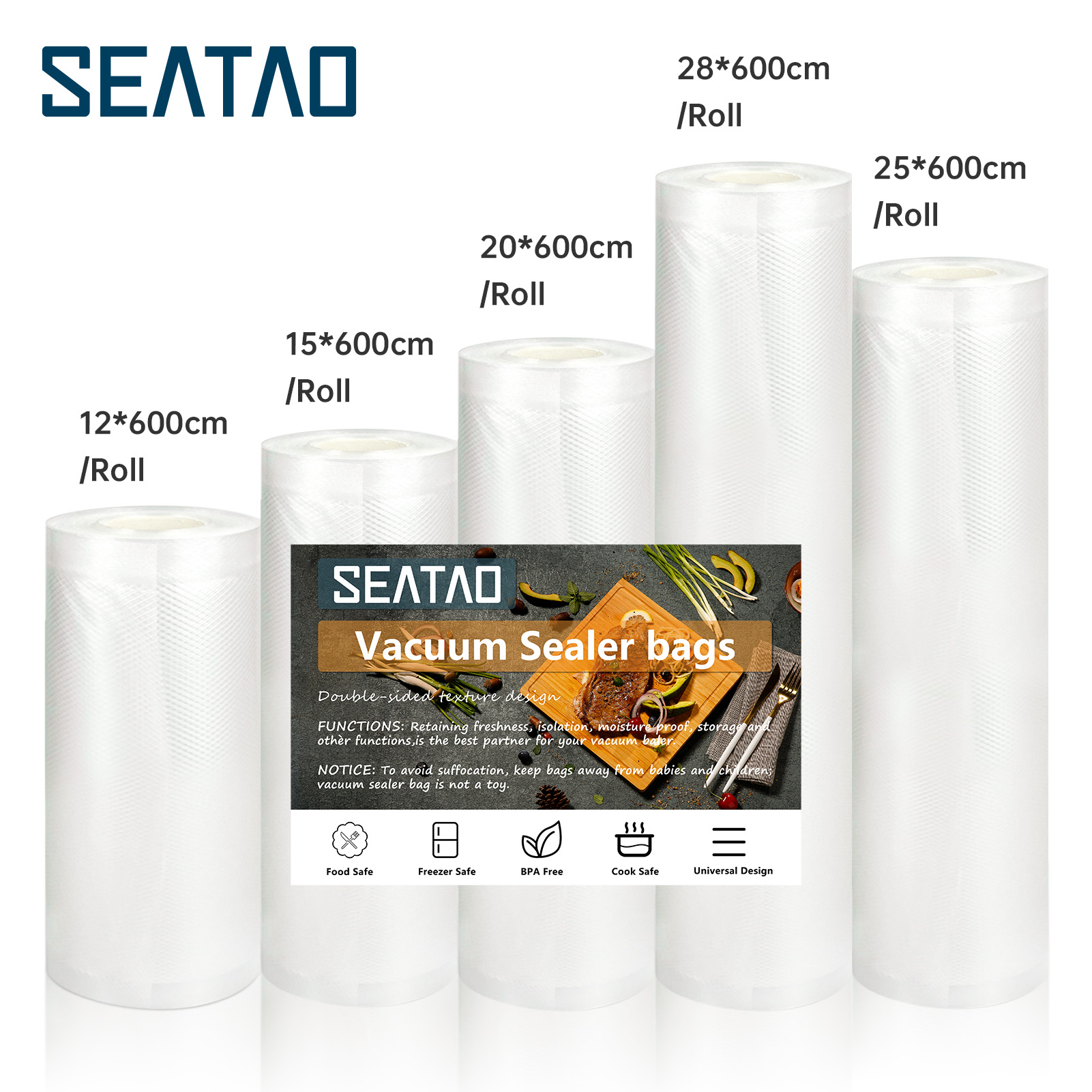 Bolsas de vacío SEATAO para alimentos sellador al vacío alimentos frescos mantenimiento largo 12 + 15 + 20 + 25 + 28 cm * 600 cm rollos/bolsas de lote para envasadora al vacío