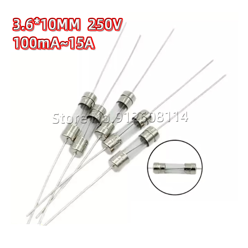 3.6*10MM zekering 100MA 0.5A 1A 1.5A 1.6A 2A 3A 3.15A 4A 5A 6.3A 8A 10A 15A 3x10 250V glazen buiszekering snelle zekering met pen