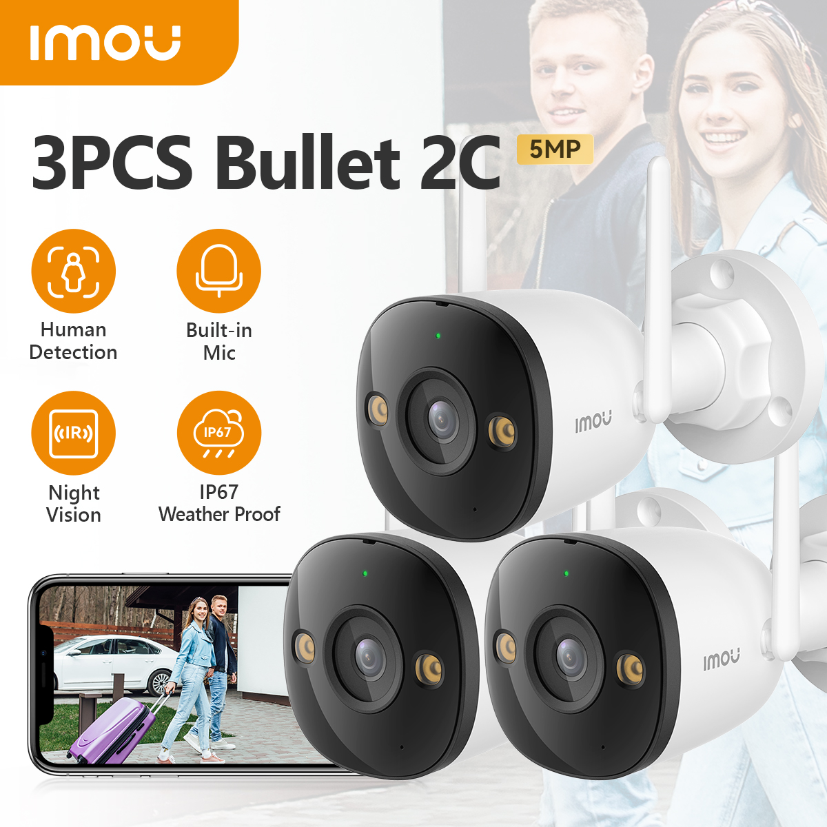 IMOU 3 SZT. Bullet 2C 5MP Kamera WiFi Odporna na Warunki Atmosferyczne z Detekcją Ludzi AI, Zewnętrzna Kamera IP do Monitoringu Hurtowo