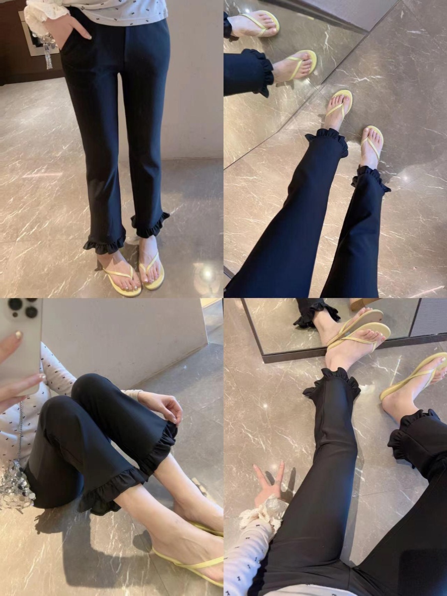 Silky Lace Hem Slimming Flared Casual Pants Women's High Waist Nine Points Bla Commute Sle Faionable Casual Pants