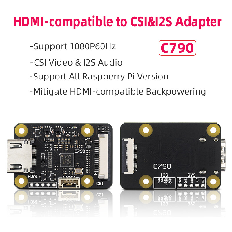 C790 1080P 60Hz HDMI compatible con adaptador de CSI-2 y placa I2S BliKVM compatible con Audio para Raspberry Pi 5 4B 3B + 3B Zero CM4