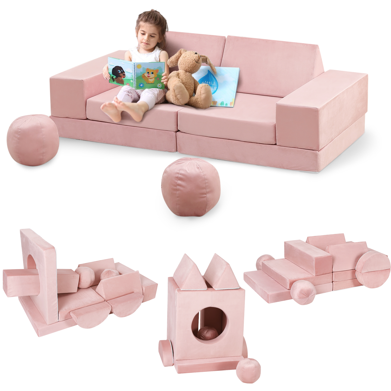 Conjunto de Sofá Modular para Crianças com 12 Peças, Sofá Infantil Dobrável com Bolas e Túnel, Sofá Seccional de Espuma Macia