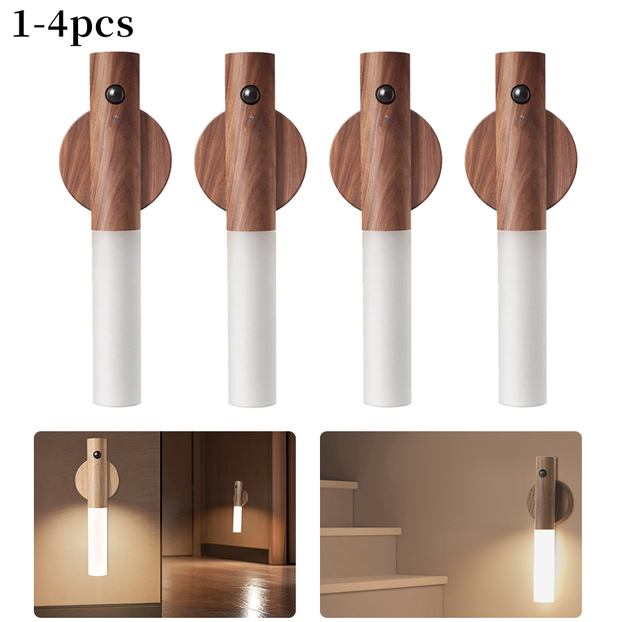 1/2/3/4 Stuks Oplaadbare Wandkandelaars Magnetische Wandlampen Nachtlampje Bewegingssensor Houten Wandverlichting voor Slaapkamer Trappen Hal