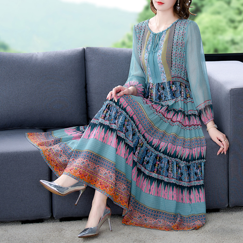 2025 Lente Boho Groene Chiffon Strand Maxi Jurk Herfst Vintage 4XL Plus Size Lange Mouw Vrouwen Jurk Elegante Partij vestidos