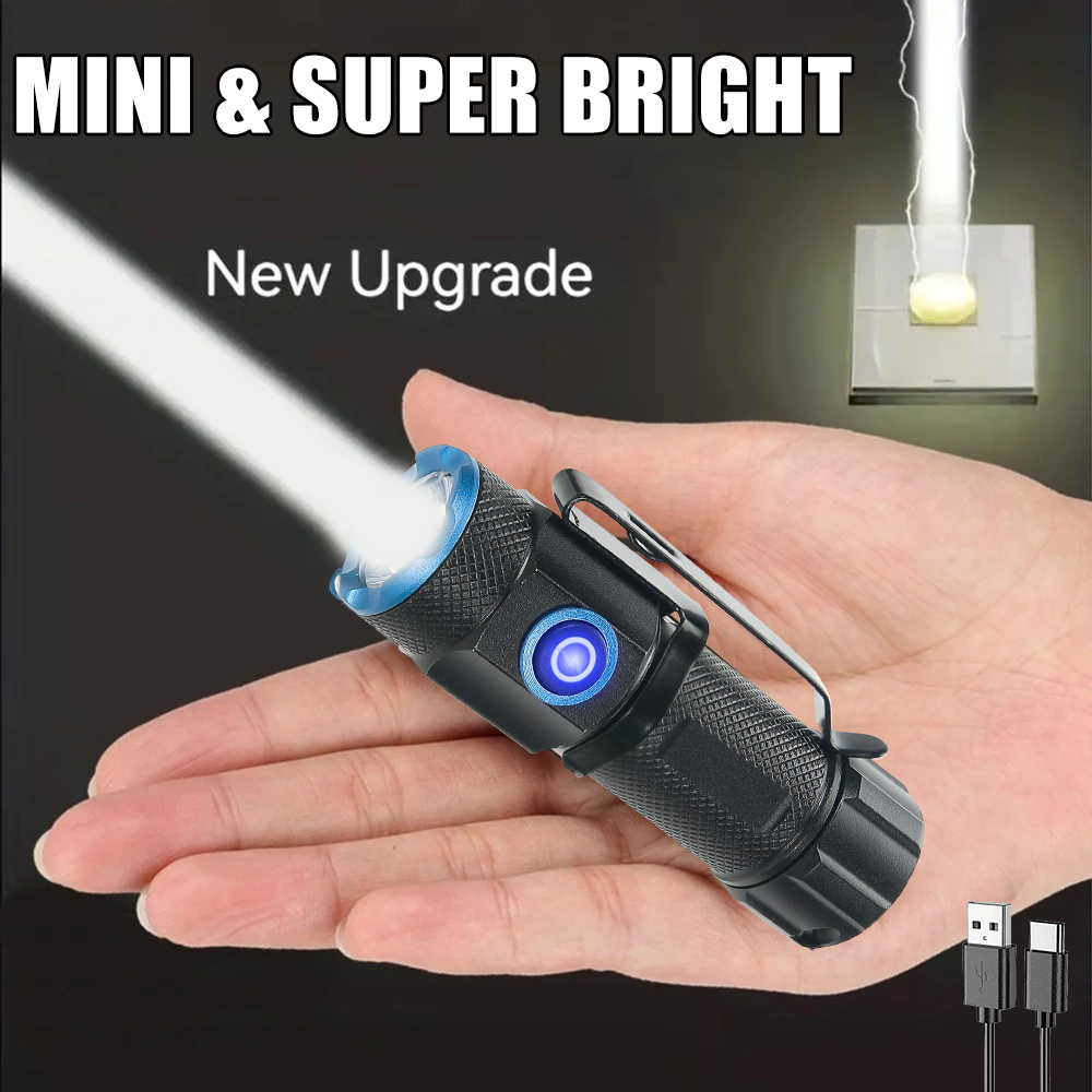 20 W Mini-Taschenlampe, superhell, P50 LED-Taschenlampen mit Schwanzmagnet, 16340 Akku, wiederaufladbar über USB, Camping-Notfall-Taschenlampe