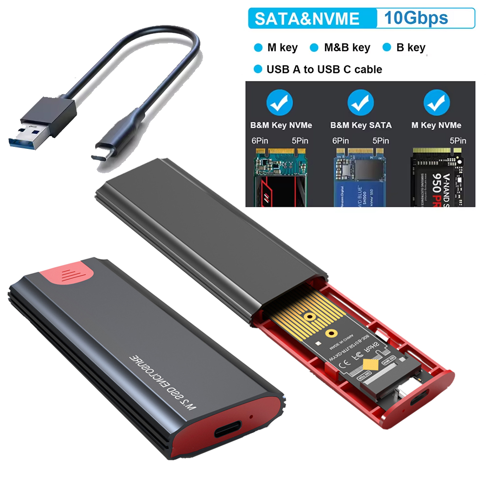 Carcasa M2 SSD M.2 NVMe SATA SSD, adaptador de carcasa 10Gbps USB 3,2 Gen2 USB C, carcasa externa compatible con teclas M, B y B & M