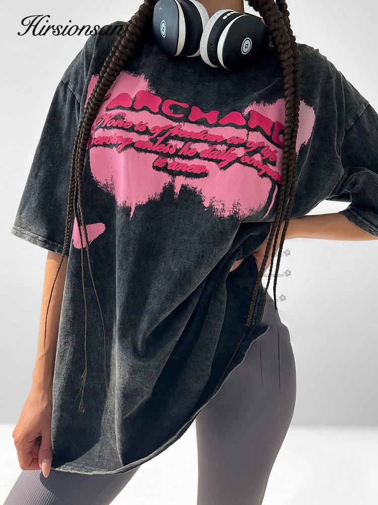 Hirsionsan-Camiseta lavada con ácido de gran tamaño para mujer, camisetas con estampado Vintage, ropa de calle, camisetas de marca de lujo para niña, Y2k