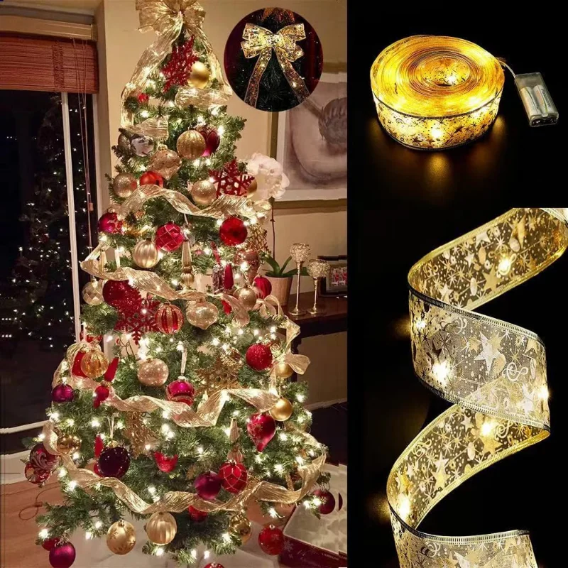 Cinta de luces LED para decoración navideña, adornos de árbol de Navidad para el hogar, suministros de Navidad, lazos DIY, cadena de luz, Año Nuevo