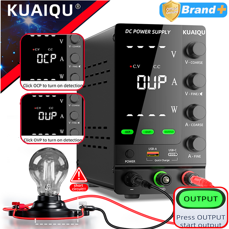 KUAIQU de 30 V 10 A Fonte de alimentação CC comutada para bancada, com funções opcionais de proteção contra sobrecorrente (OCP) e sobretensão (OVP), disponível em 32V 6A, 60V e 120V 3A.