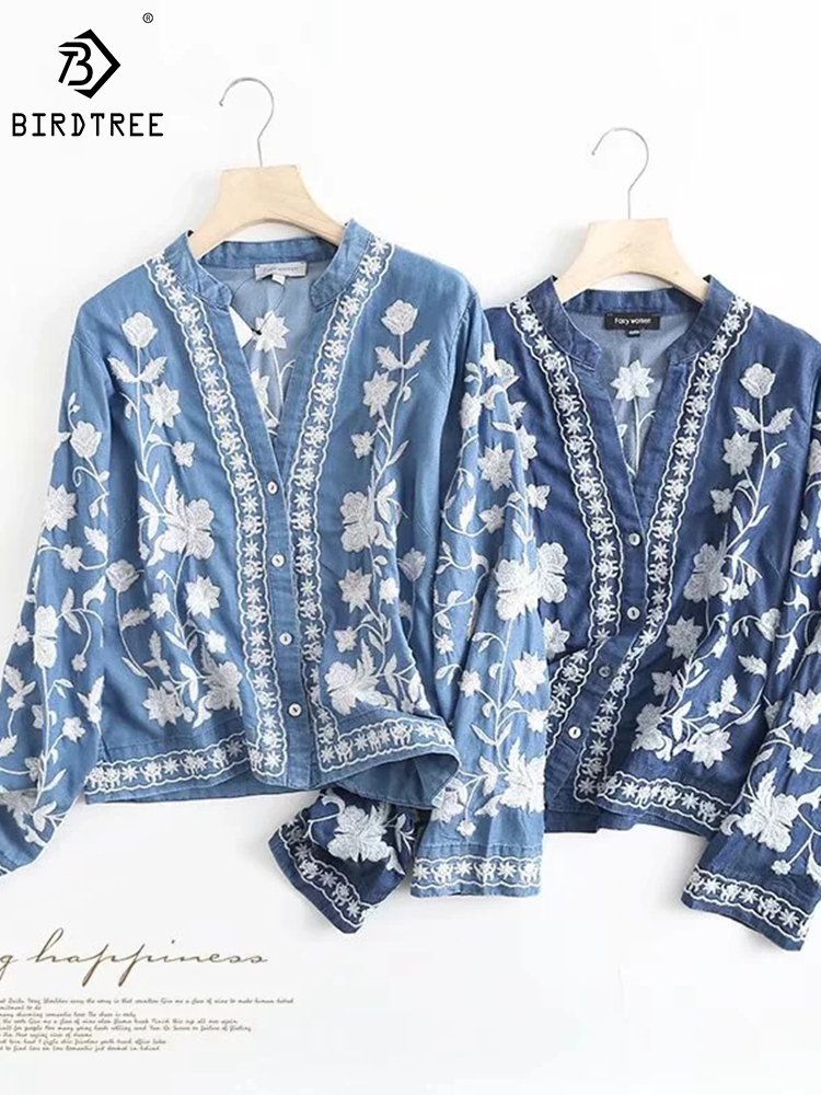 Chemisier en jean à manches 3/4 pour femme, col en V, broderie florale, manteau fin, nouvelle collection printemps-été 2026 T35432M