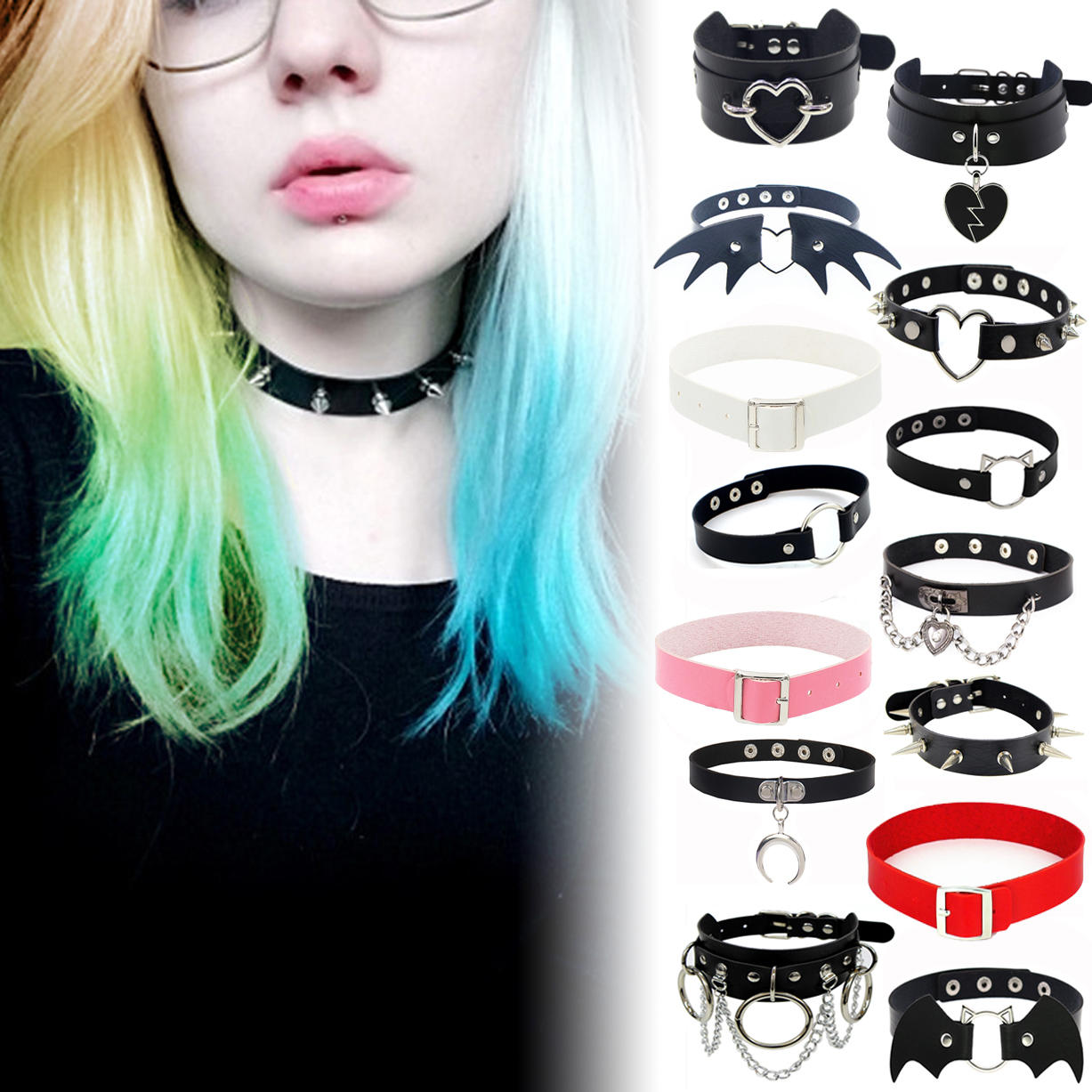 สีชมพูGothicสร้อยคอสร้อยคอหนังChoker Party Punk Chokers Collar Gothสร้อยคอผู้หญิงสีดําPU Kawaiiแม่มดRaveเครื่องประดับ