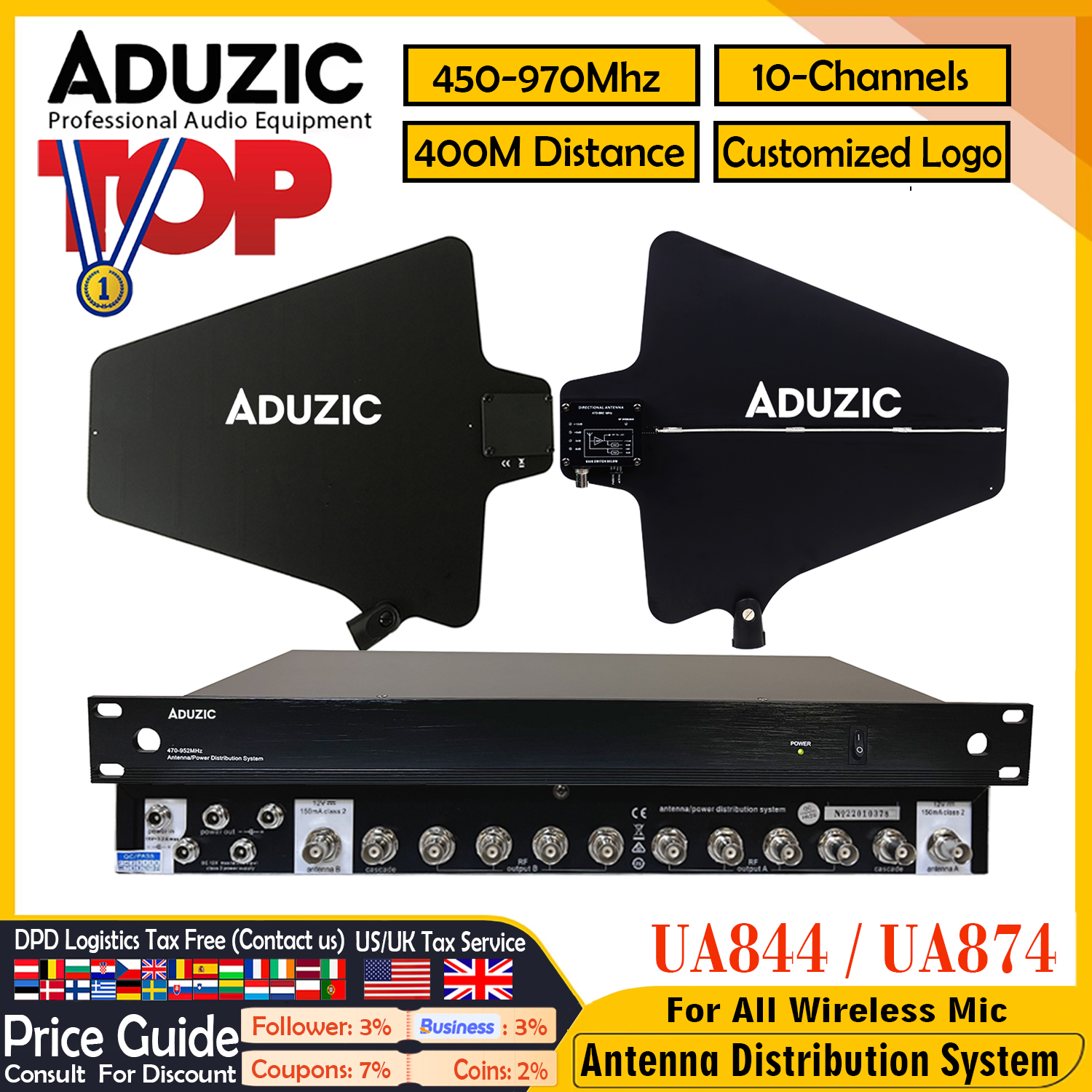 ADUZIC UA844 Rozdzielacz sygnału UHF Antena RF Rozdzielacz sygnału dla wszystkich bezprzewodowych mikrofonów 450-960MHZ System dystrybucji anten UA874