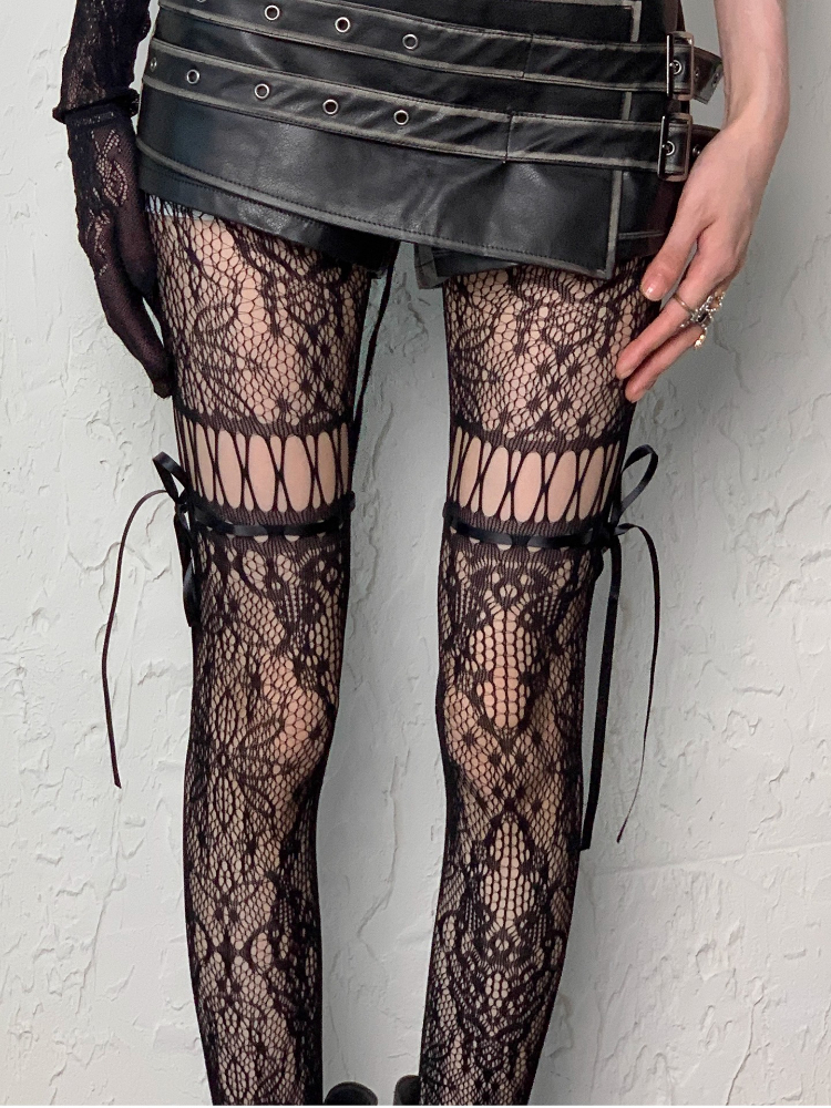 Punk Gothic Ribbon Bowknot Mesh Hollowed Out Tights Women Subculture Y2K Spicy Girls High-Street Jacquard Sexy Fishnet Pantyhose