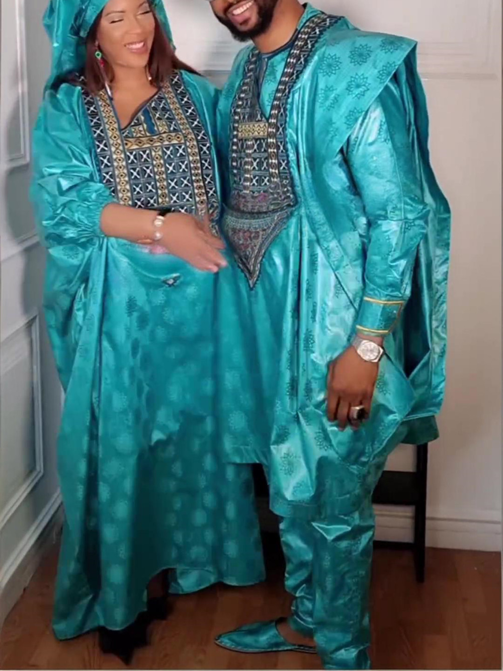 Elegant African Dresses for Women Traditional Bazin Embroidery Wedding Party Dresses Dashiki African Couples Matching Clothes