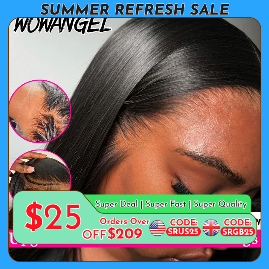 WowAngel-Peluca de cabello humano liso con encaje Frontal completo, pelo brasileño de cuero cabelludo Natural, sin pegamento, 13x6, actualizado, 250%