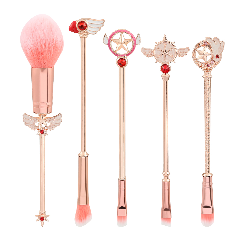 Ensemble de pinceaux de maquillage doux et moelleux avec manche en métal, 5 pièces, carte Anime Captor Sakura, brosse à poudre cosmétique, fard à paupières rose, brosse à sourcils
